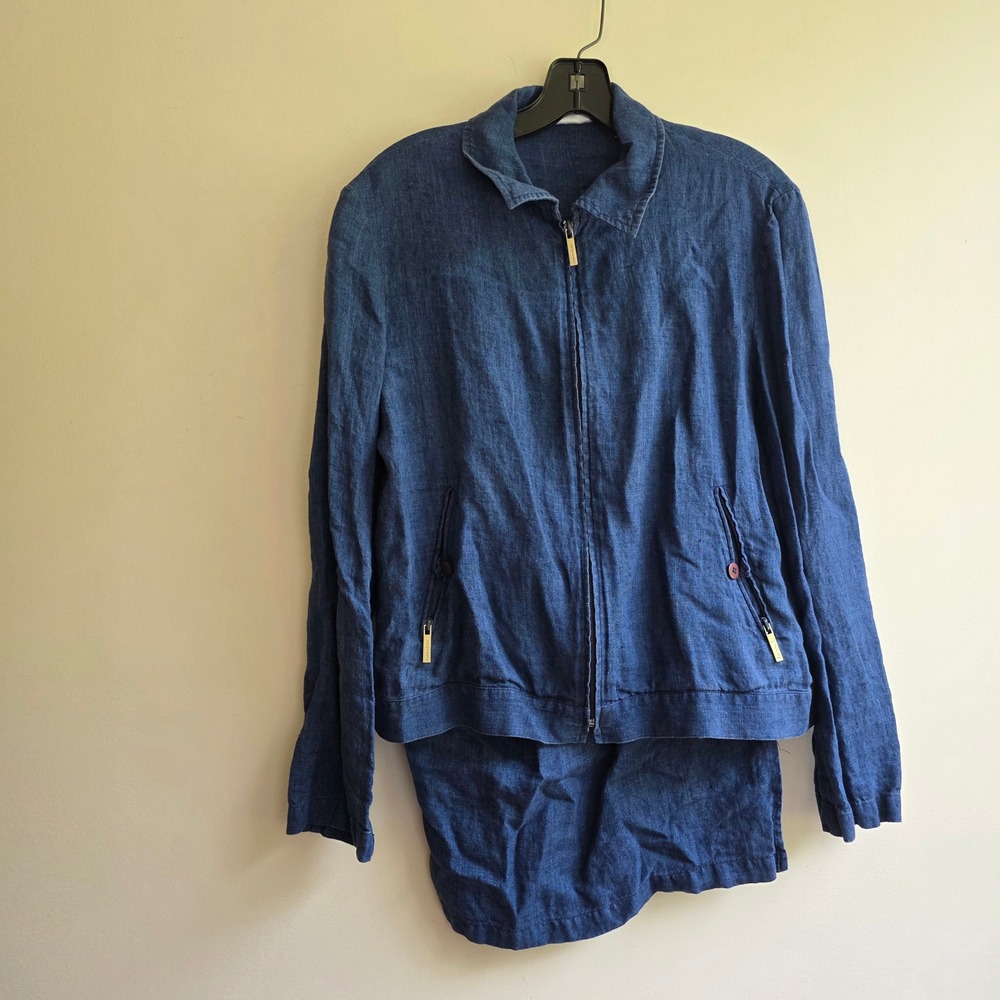 Emanuel Ungaro Vintage‎ Blue Linen Jacket Skirt Set Size 14 Capsule Minimalist